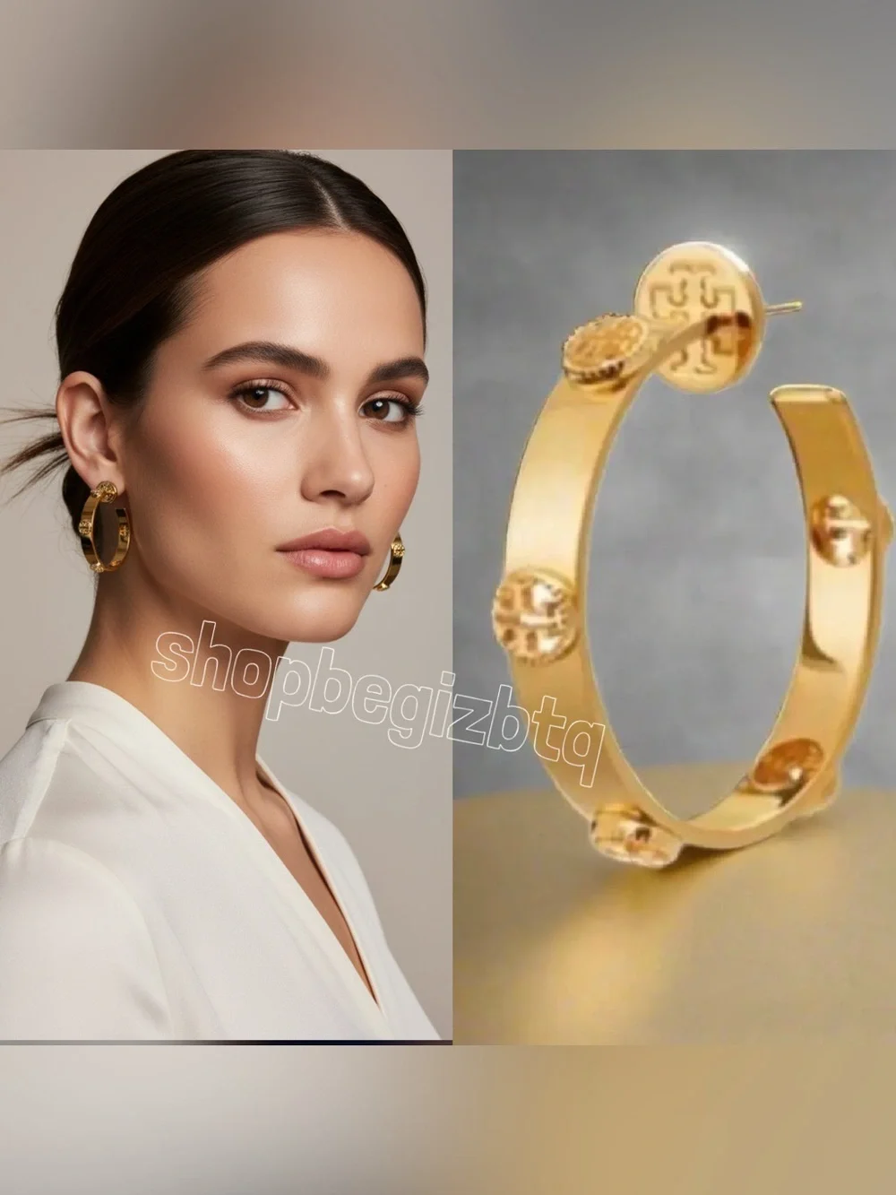 🆕 Authentic Tory Burch Milgrain Logo Hoop Gold Plated Earrings